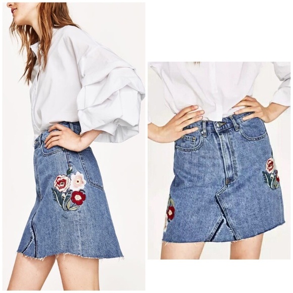 Zara Floral Embroidered Raw Hem Denim Skirt - Picture 6 of 6